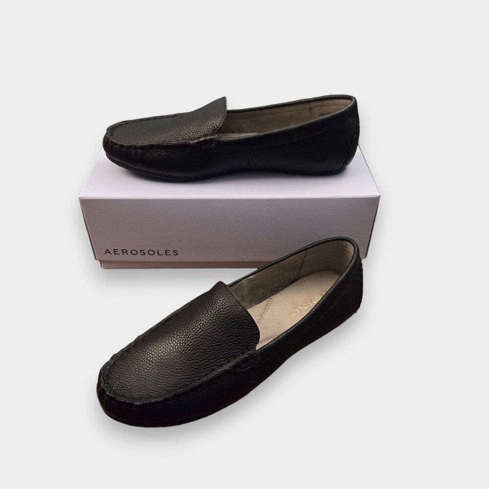 Aerosoles Womens Over Drive Round‎ Toe Slip On Leather Moccasins Black 8.5 NIB